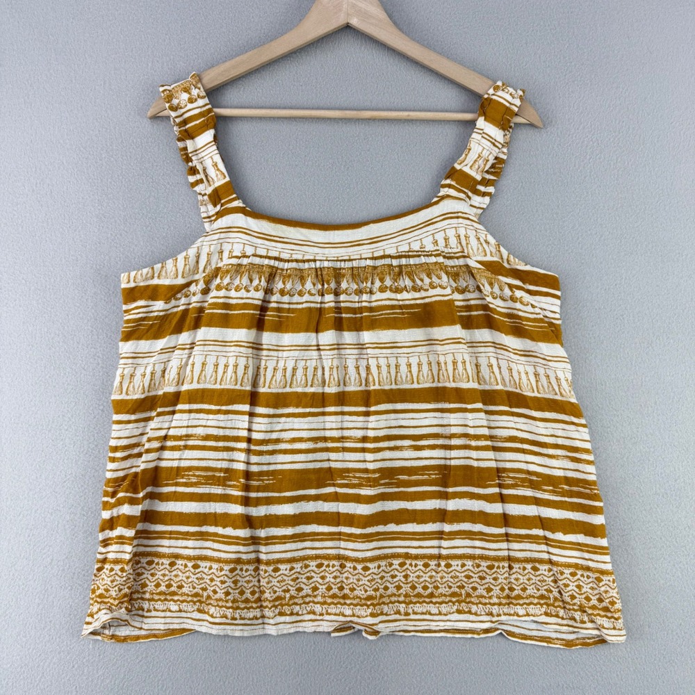 Jane + Delancey Tank Top Women L Yellow White Striped Boho Button Back Ruffle
